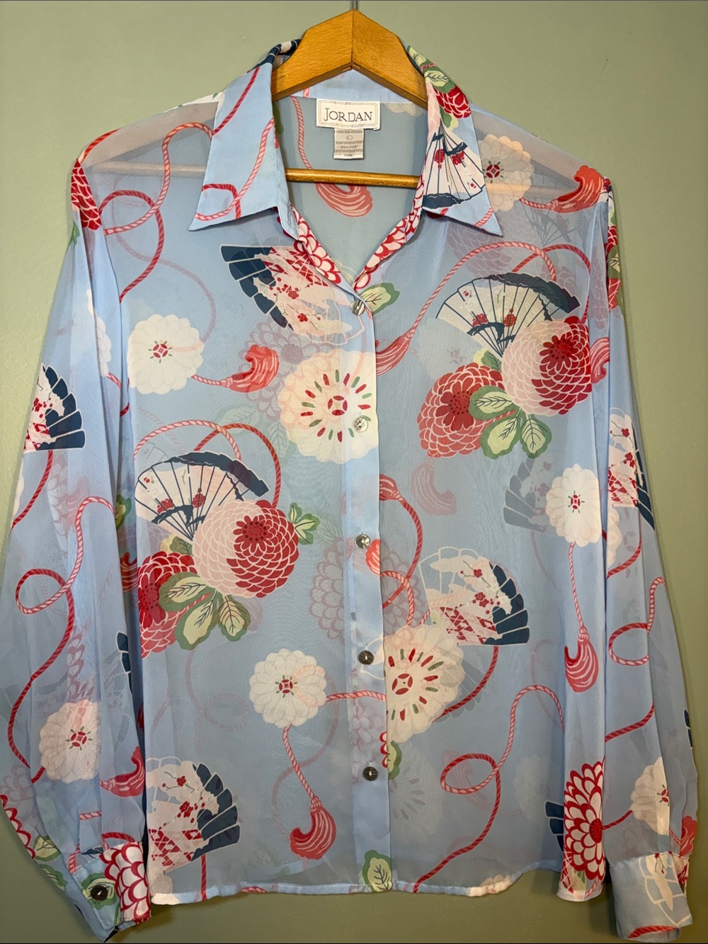 Jordan Size Large Vintage Sheer Japanese Fan Floral Print Button Up Blouse